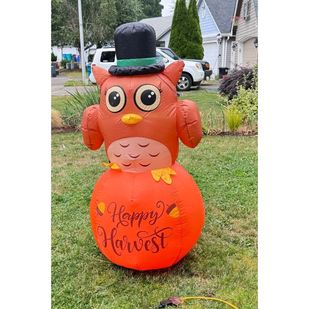 Lighted Happy Harvest Fall Autumn Inflatable Decor Owl On Pumpkin